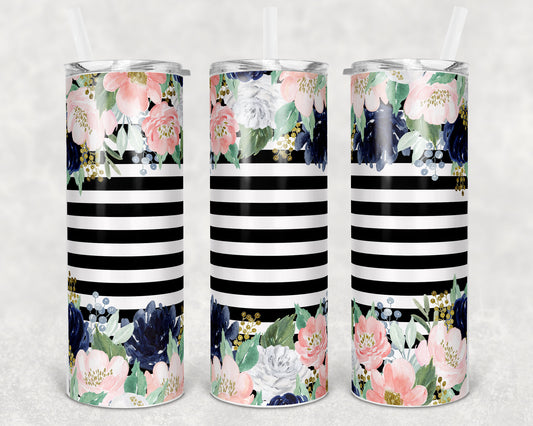 20 oz Skinny Tumbler Striped Black Floral Sublimation Design Print Transfer