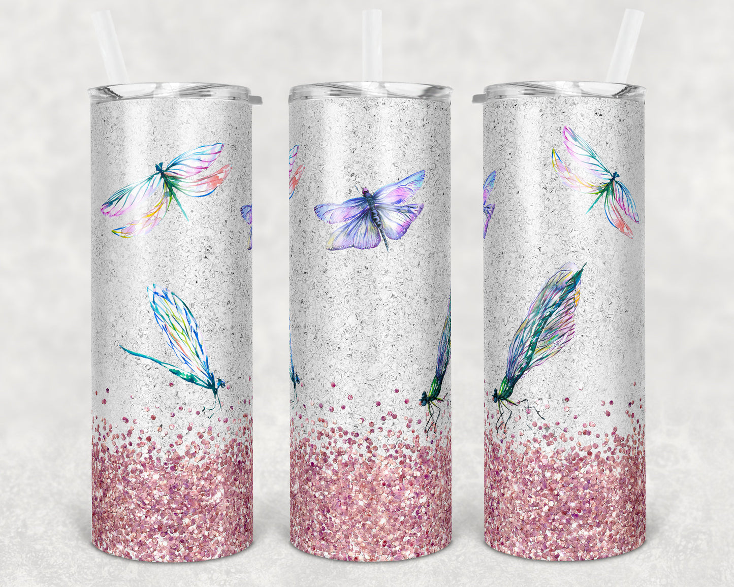 20 oz Skinny Tumbler Pink Glitter Dragonfly Sublimation Design Print Transfer butterfly