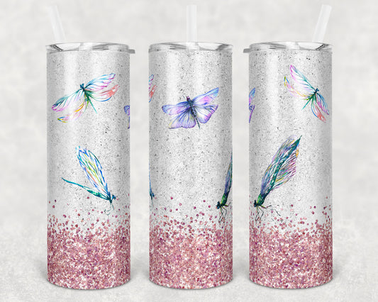 20 oz Skinny Tumbler Pink Glitter Dragonfly Sublimation Design Print Transfer butterfly