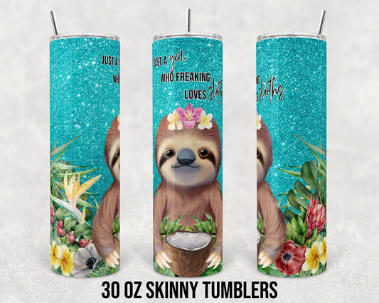 30 oz Skinny Tumbler Sublimation Design Template Faux Glitter Sloth Teal Straight and Warped