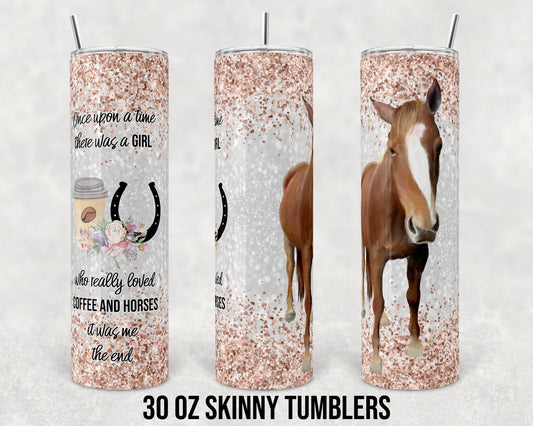 30 oz Skinny Tumbler Sublimation Design Template Faux Glitter Horse and Coffee Straight and Warped