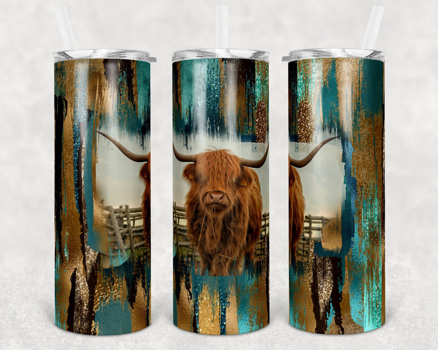 20 oz Skinny Tumbler Sublimation Highland Cow Teal and Gold Brush Strokes Design tumblers