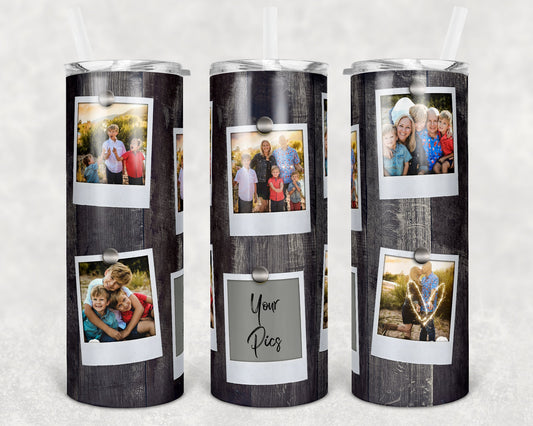 20 oz Skinny Tumbler Picture Frame Faux Wood 6 Picture Sublimation Design