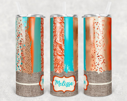 20 oz Skinny Tumbler Sublimation Black White Brush Stroke Orange Teal Burlap Template Straight Warped