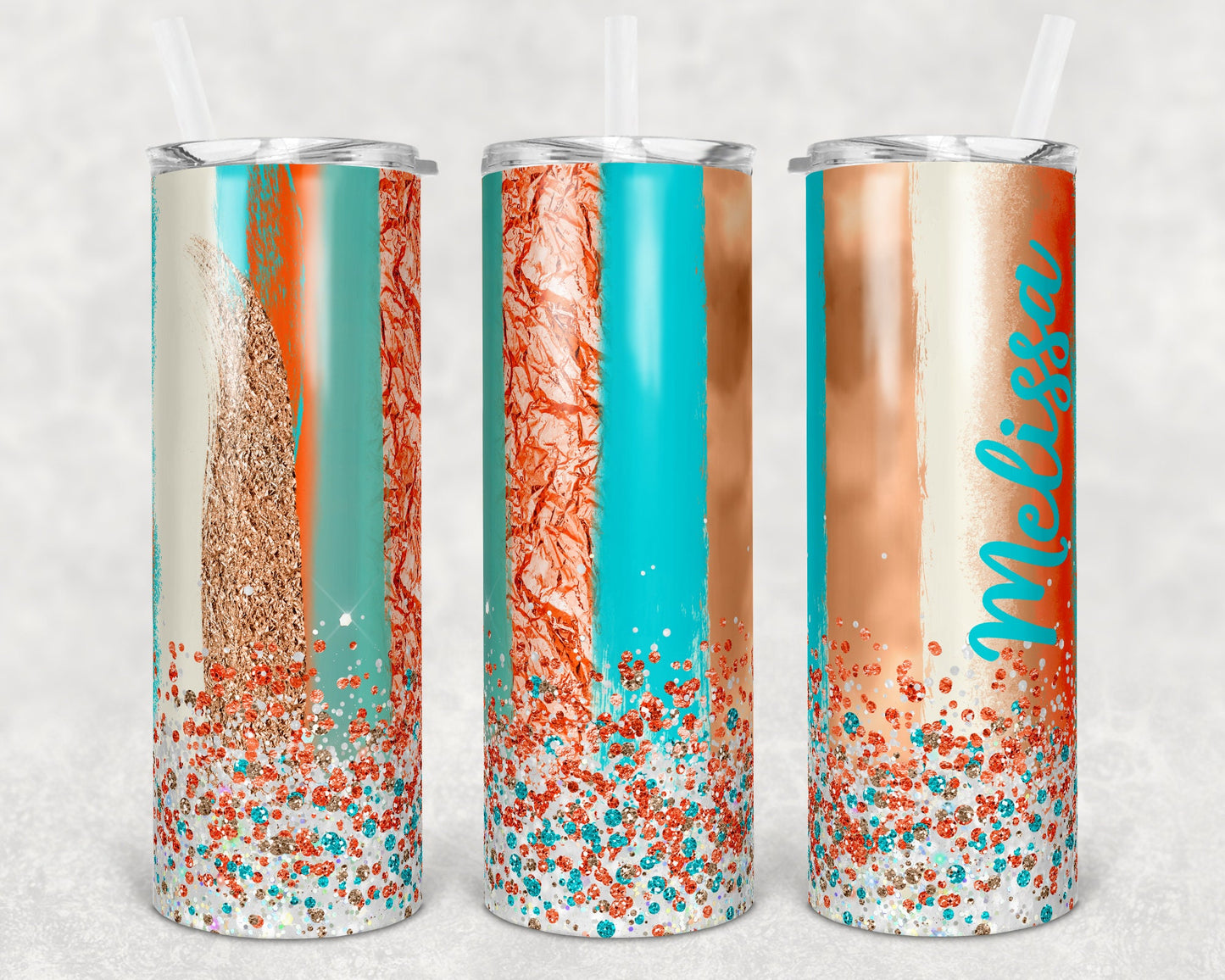 20 oz Skinny Tumbler Sublimation Black White Brush Stroke Orange Teal Glitter Template Straight Warped