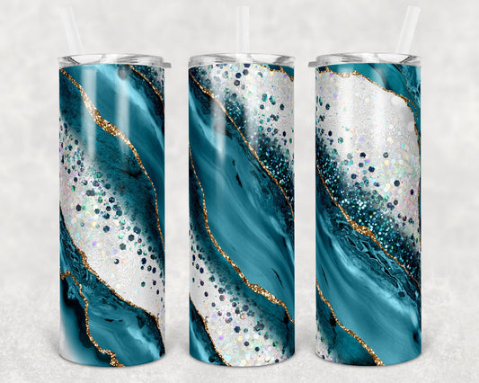 20 oz Skinny Tumbler Sublimation Template Agate Milky Way Teal Gold Straight and Warped Design