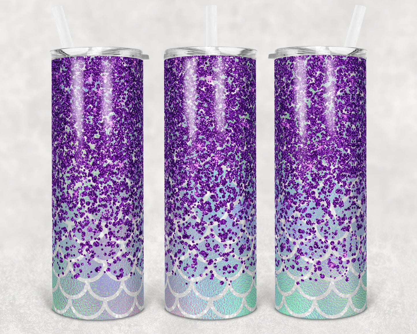 20 oz Skinny Tumbler Sublimation Design Template Glitter Foil Mermaid purple
