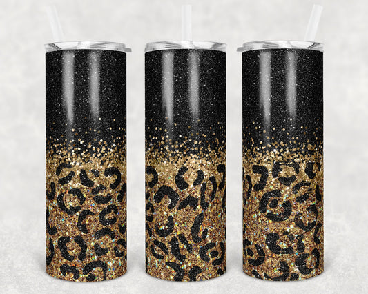 20 oz Skinny Tumbler Sublimation Design Template Glitter Gold Black Leopard Straight and Warped Design