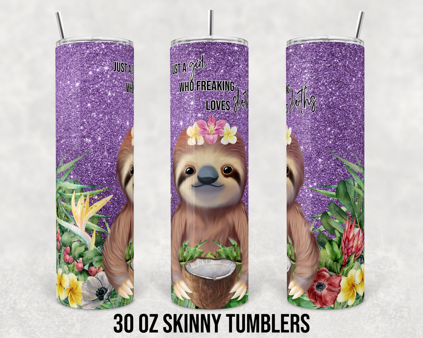 30 oz Skinny Tumbler Sublimation Design Template Faux Glitter Sloth Purple Straight and Warped