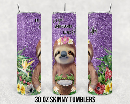 30 oz Skinny Tumbler Sublimation Design Template Faux Glitter Sloth Purple Straight and Warped
