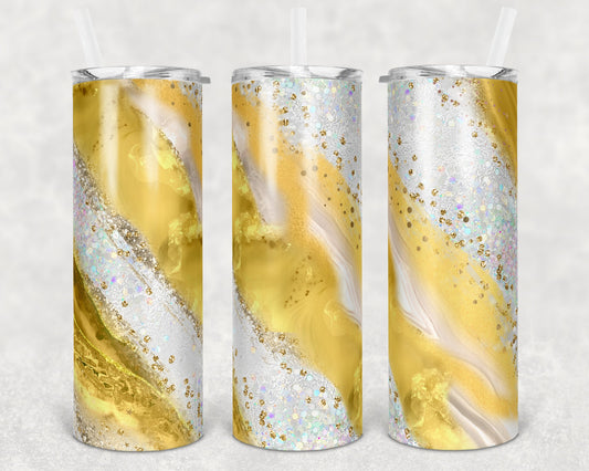 20 oz Skinny Tumbler Sublimation Template Agate Milky Way Yellow Gold Straight and Warped Design