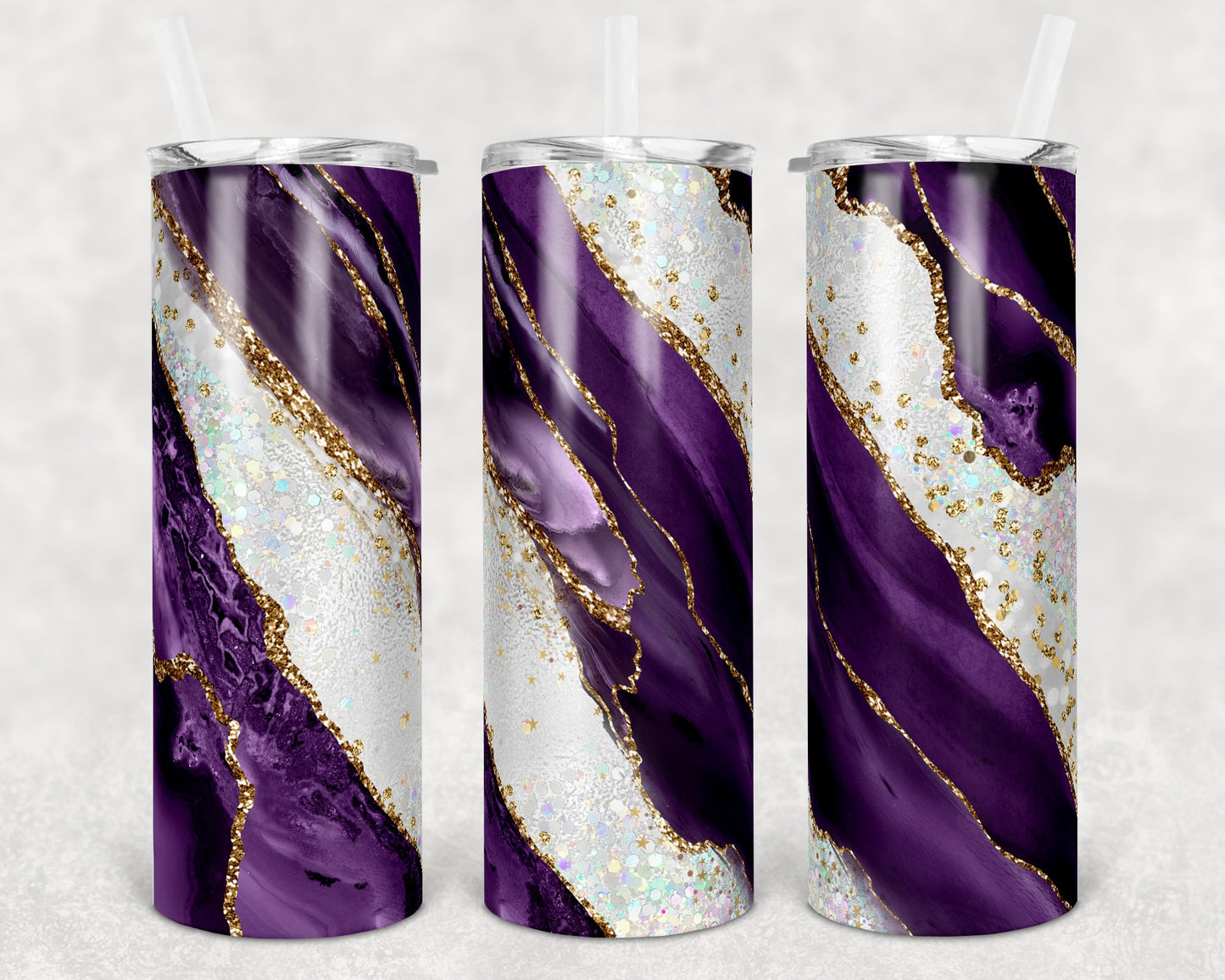 20 oz Skinny Tumbler Sublimation Template Agate Milky Way Purple Gold Straight and Warped Design