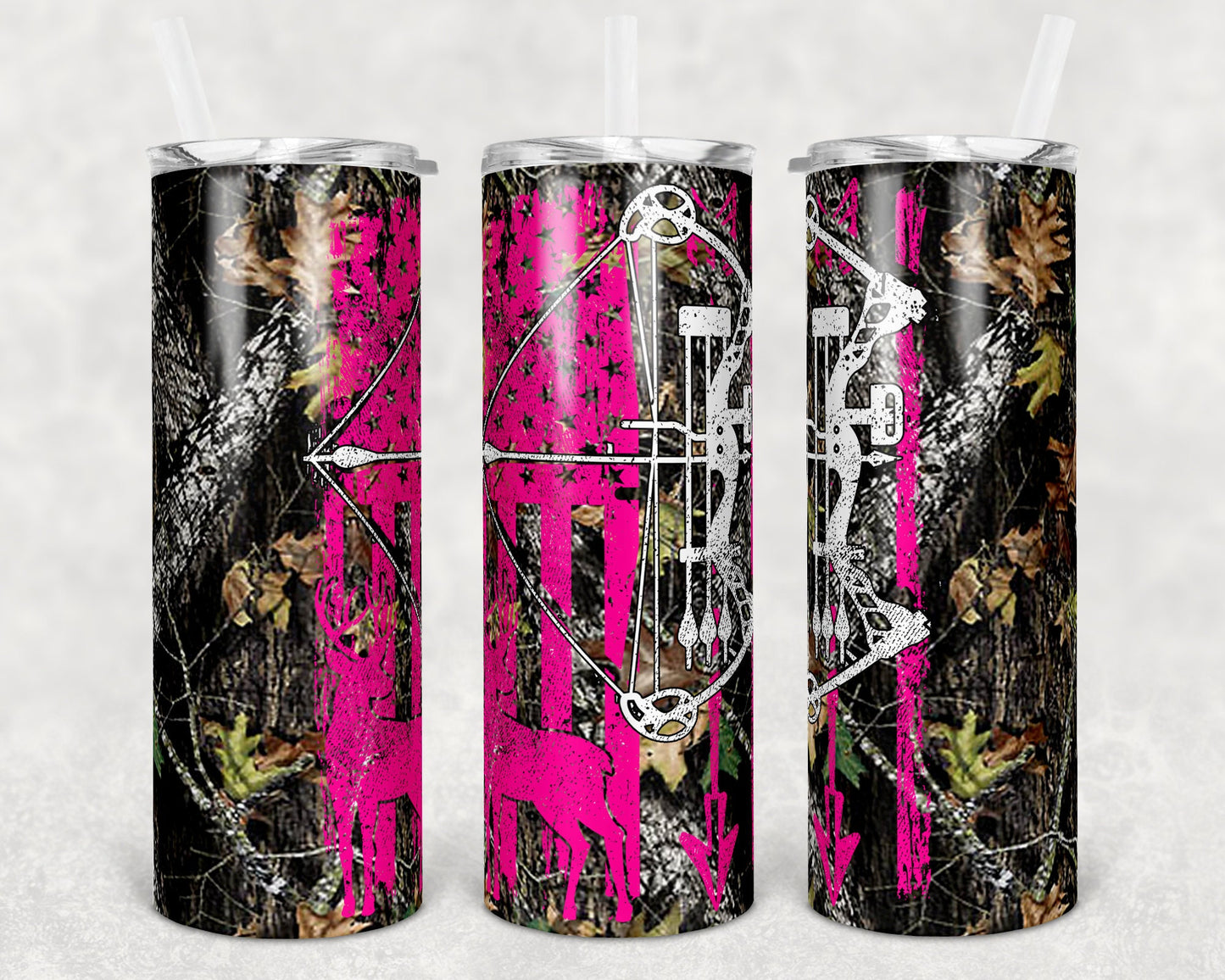 20 oz Skinny Tumbler Sublimation Design Template Deer Bow Hunting Pink Design