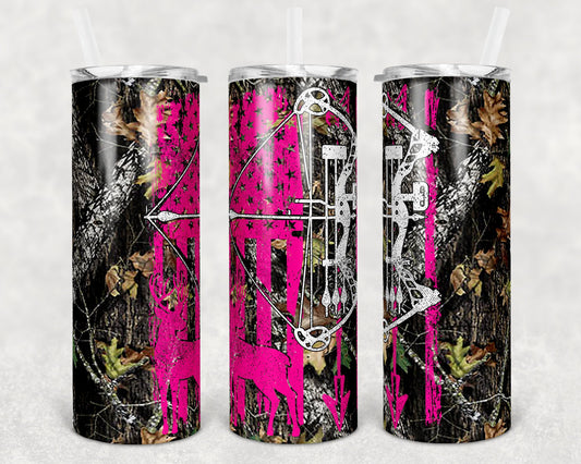 20 oz Skinny Tumbler Sublimation Design Template Deer Bow Hunting Pink Design