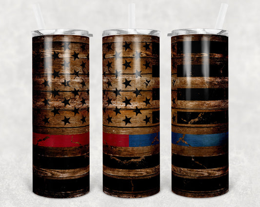 20 oz Skinny Tumbler Burned Wood Horizontal Flag Red Blue Line Sublimation Design