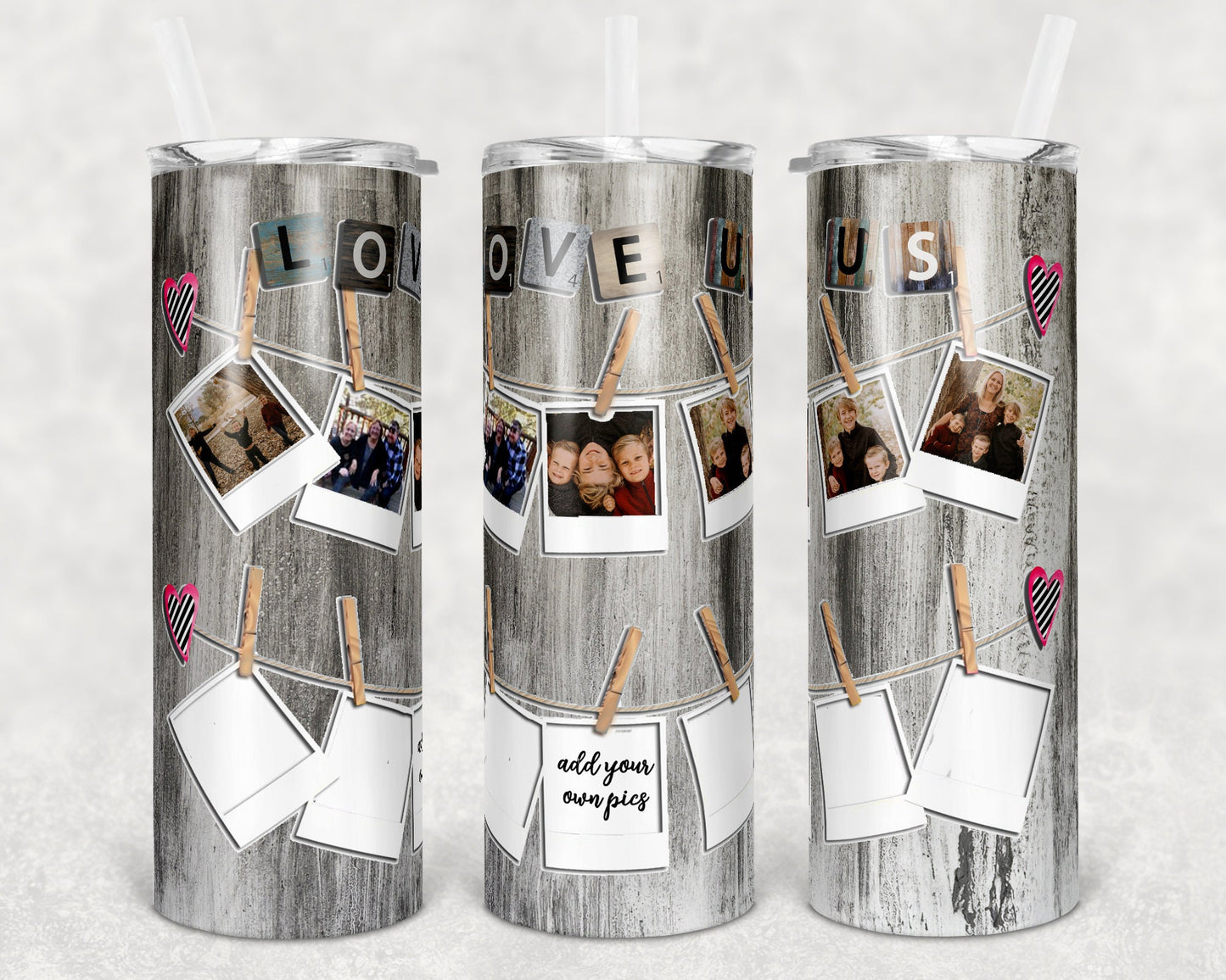 20 oz Skinny Tumbler Picture Frame Love Us 10 photos Sublimation Design Valentines Day