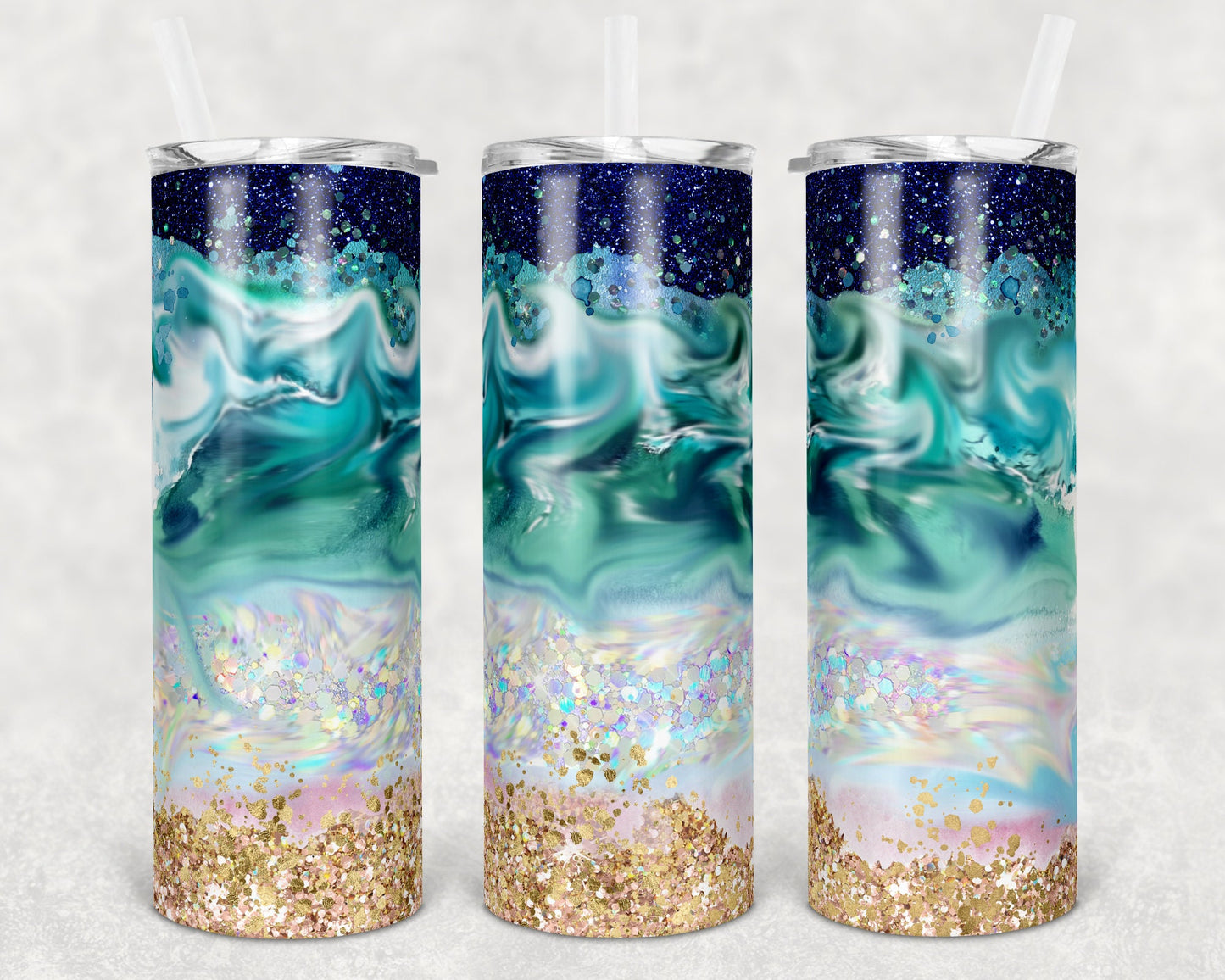 20 oz Skinny Tumbler Ocean Beach Crashing Waves Glitter Background Sublimation Design