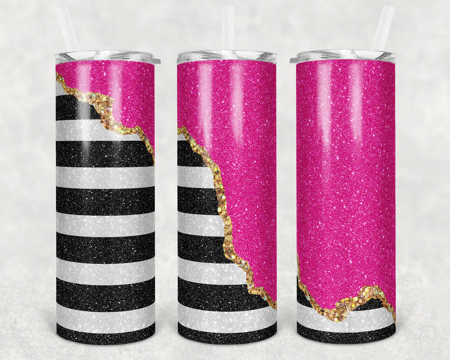 20 oz Skinny Tumbler Black White Striped Block Geode Pink Sublimation Design Print Transfer