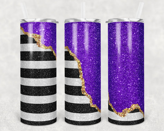 20 oz Skinny Tumbler Black White Striped Block Geode Purple Sublimation Design Print Transfer