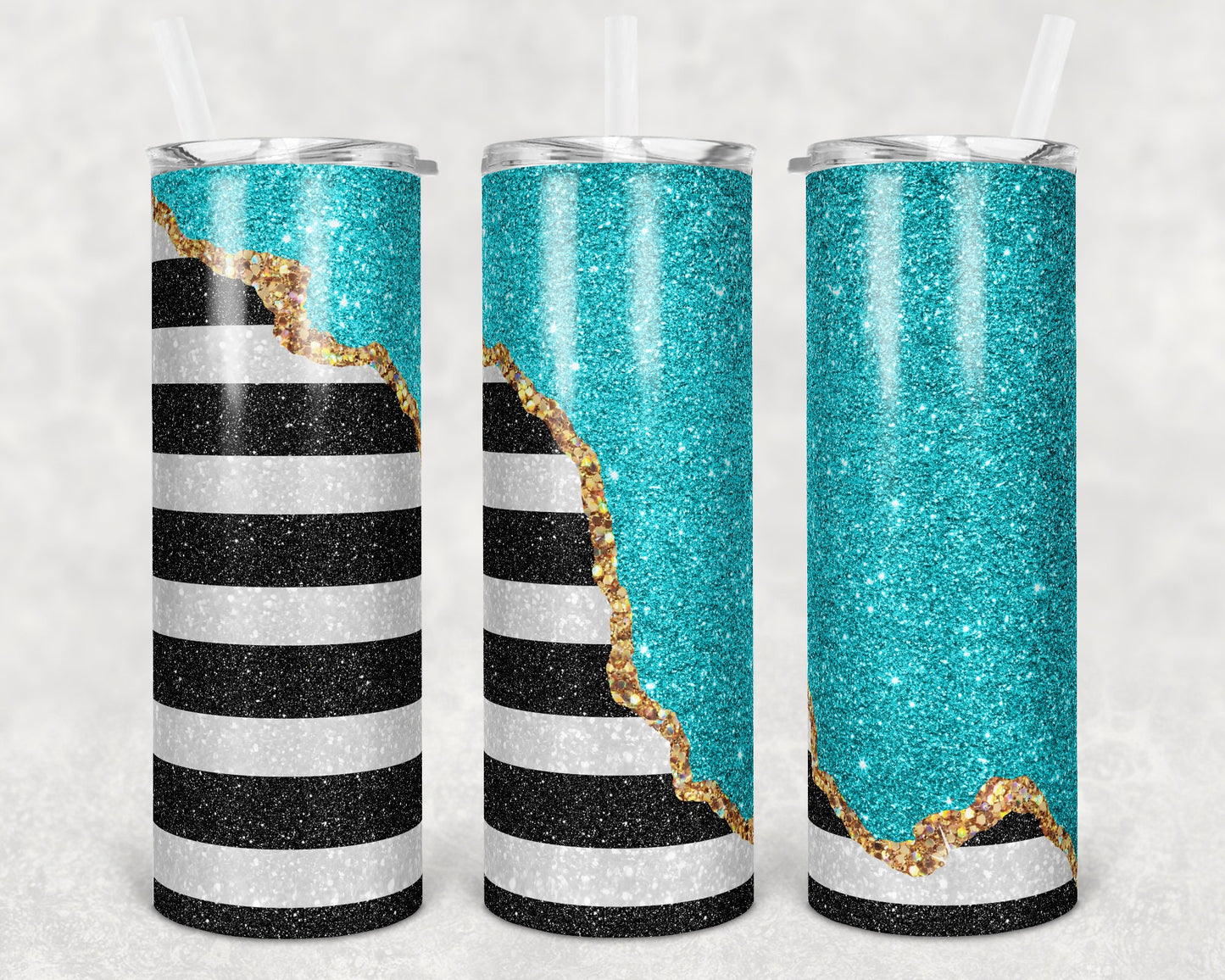 20 oz Skinny Tumbler Black White Striped Block Geode Teal Sublimation Design Print Transfer