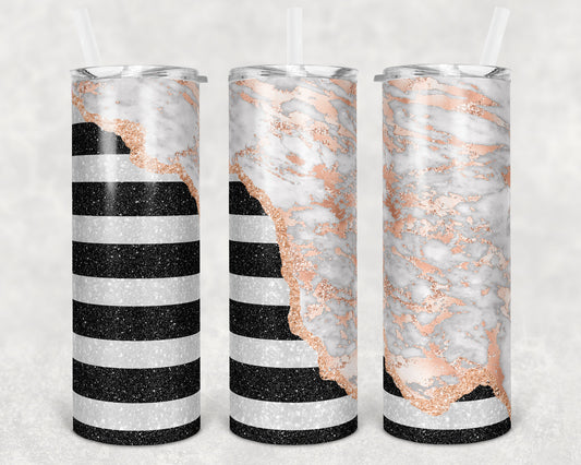 20 oz Skinny Tumbler Black White Striped Block Geode Rose Sublimation Design Print Transfer