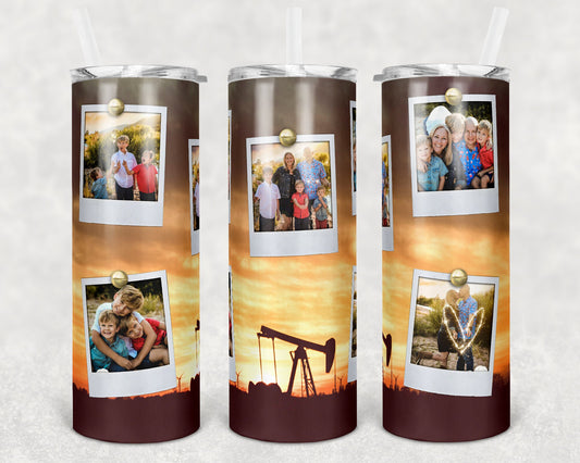 20 oz Skinny Tumbler Frame Sunset Oilfield Picture Sublimation Design Print Transfer