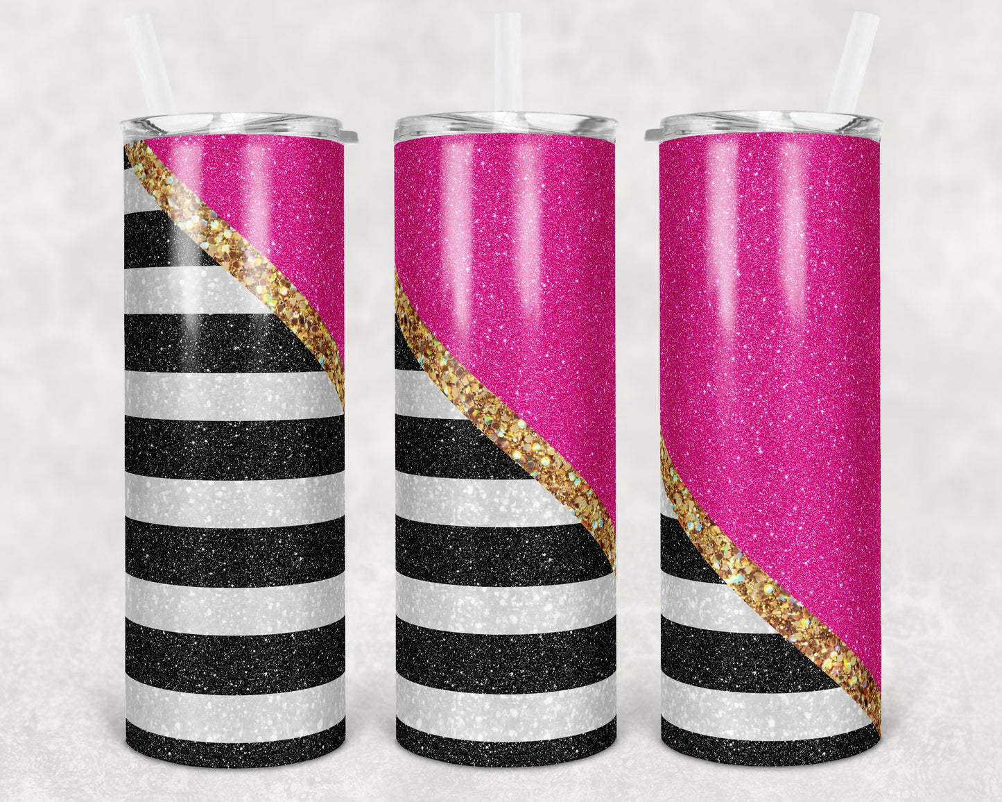 20 oz Skinny Tumbler Black White Striped Block Geode Pink Sublimation Design Print Transfer