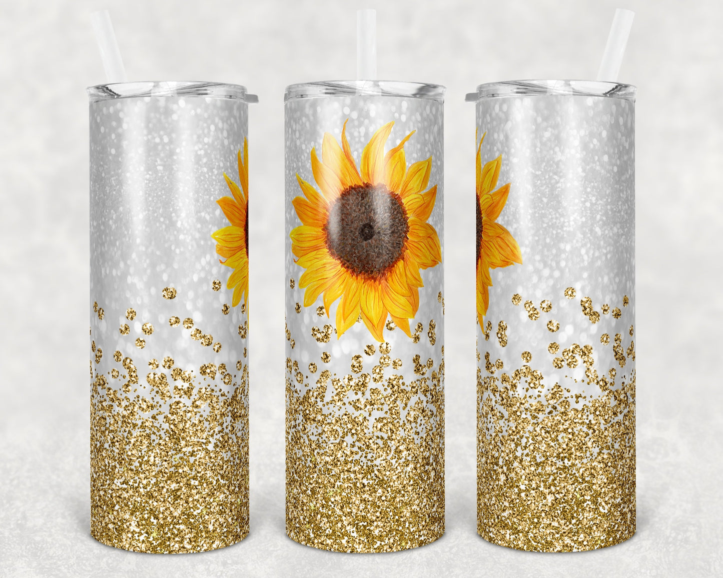 20 oz Skinny Tumbler Sunflower Gold Glitter Confetti Sublimation Design Print Transfer