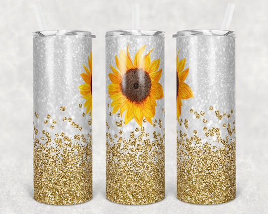 20 oz Skinny Tumbler Sunflower Gold Glitter Confetti Sublimation Design Print Transfer