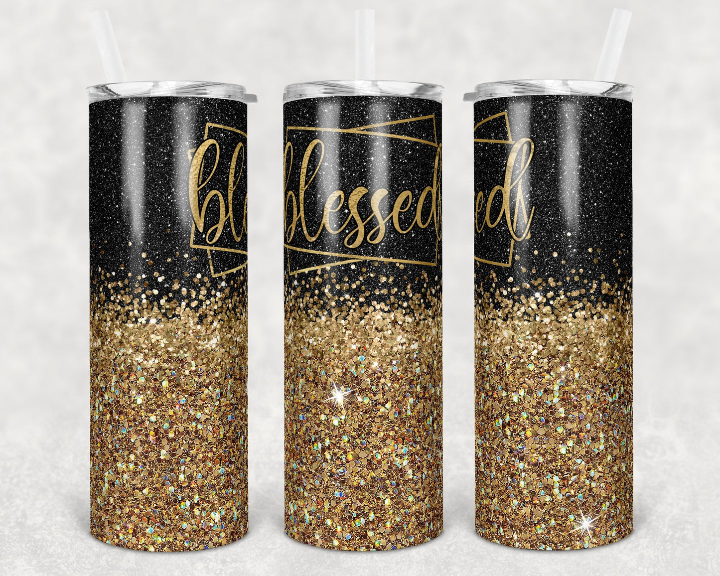 20 oz Skinny Tumbler Blessed Gold Black Glitter Sublimation Design Print Transfer