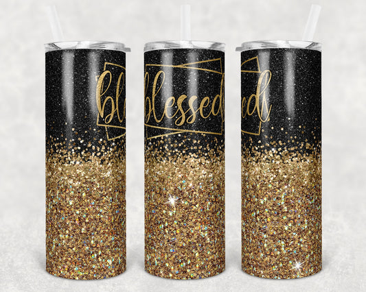 20 oz Skinny Tumbler Blessed Gold Black Glitter Sublimation Design Print Transfer