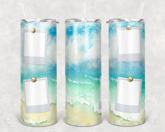 20 oz Skinny Tumbler 4 Picture Frame Beach Crashing Waves Background Sublimation Design
