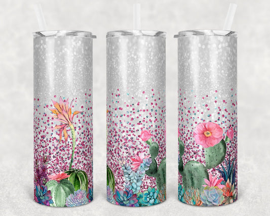 20 oz Skinny Tumbler Sublimation Glitter Cactus and Succulent Straight and Warped Design