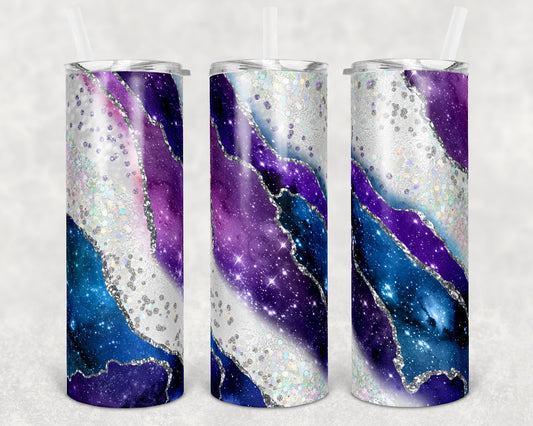 20 oz Skinny Tumbler Sublimation Template Agate Milky Way Teal Purple Silver Straight and Warped Design