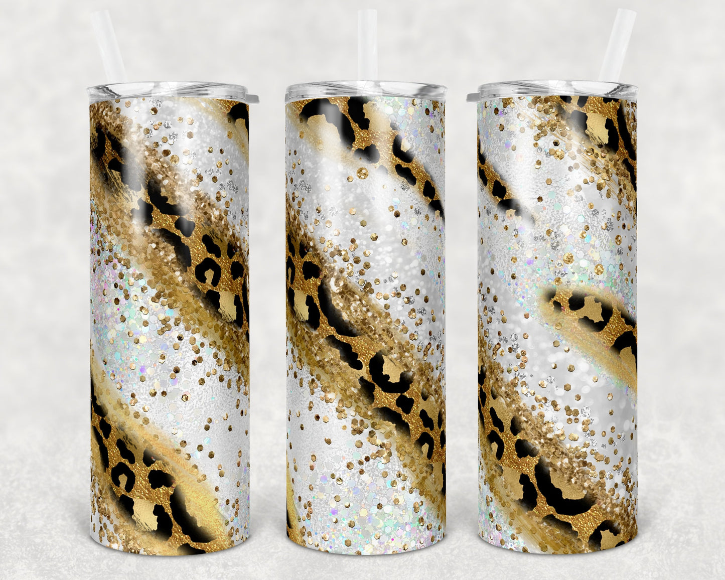 20 oz Skinny Tumbler Sublimation Agate Milky Way Glitter Leopard Gold Straight and Warped Design