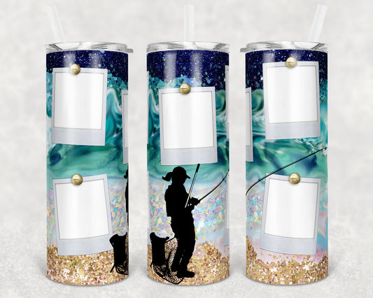 20 oz Skinny Tumbler Picture Frame Woman Fishing 5 Picture Sublimation Design