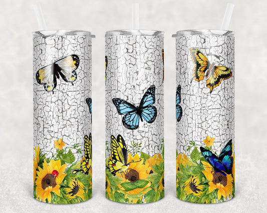 20 oz Skinny Tumbler Butterflies and Sunflowers Crackle Sublimation Design Print Transfer