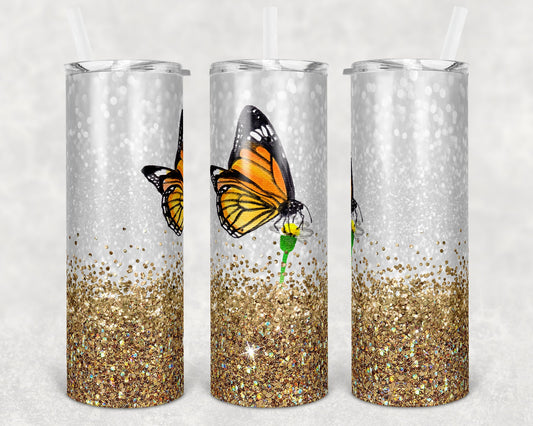 20 oz Skinny Tumbler Glitter Background Butterfly Sublimation Design Print Transfer