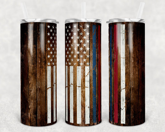 20 oz Skinny Tumbler Burned Wood Flag Red Blue Line Sublimation Design Print Transfer