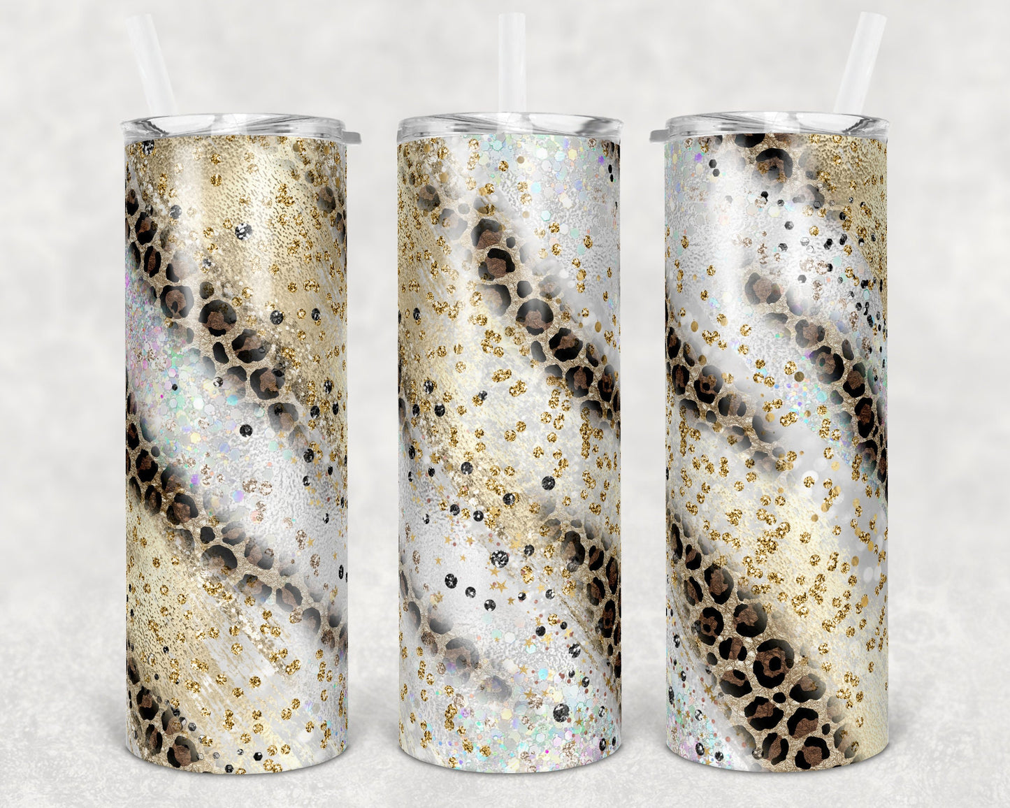 20 oz Skinny Tumbler Sublimation Agate Milky Way Glitter Leopard Gold Straight and Warped Design