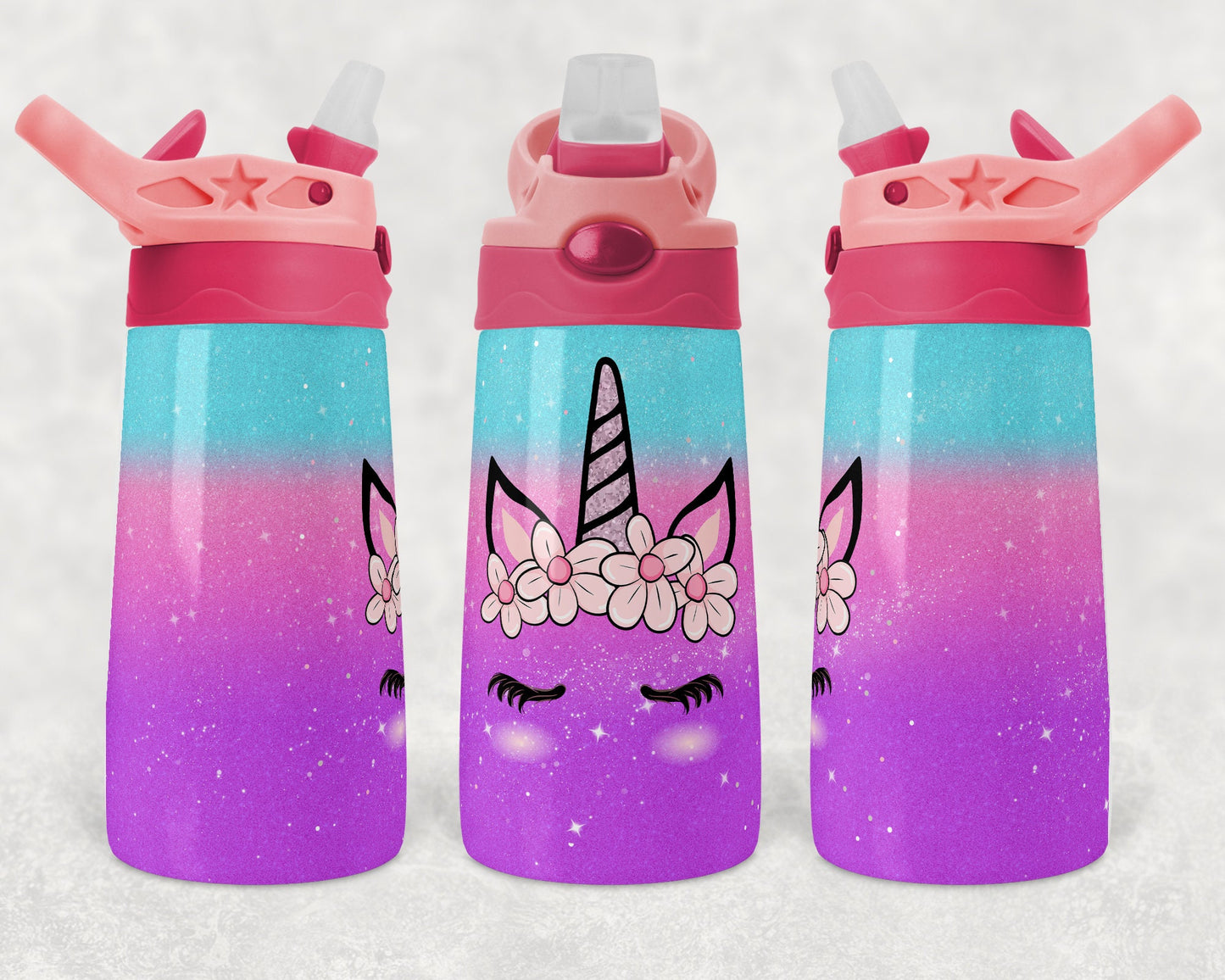 Kids water bottles Sublimation Design Template Glitter ombre Unicorn teal pink purple Tumbler