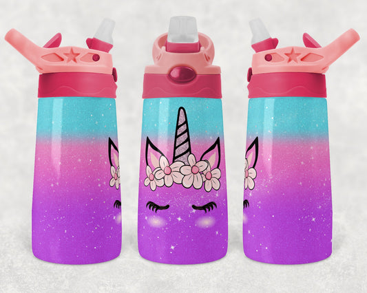 Kids water bottles Sublimation Design Template Glitter ombre Unicorn teal pink purple Tumbler