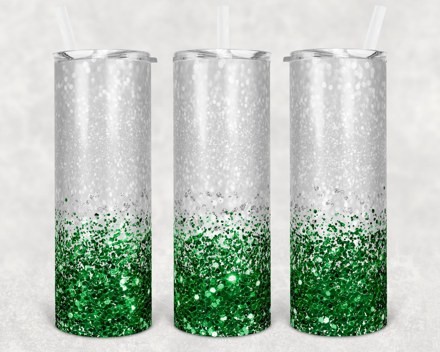 20 oz Skinny Tumbler Sublimation Design Glitter Confetti Green Silver Straight and Warped Design
