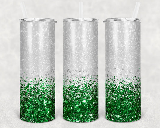 20 oz Skinny Tumbler Sublimation Design Glitter Confetti Green Silver Straight and Warped Design