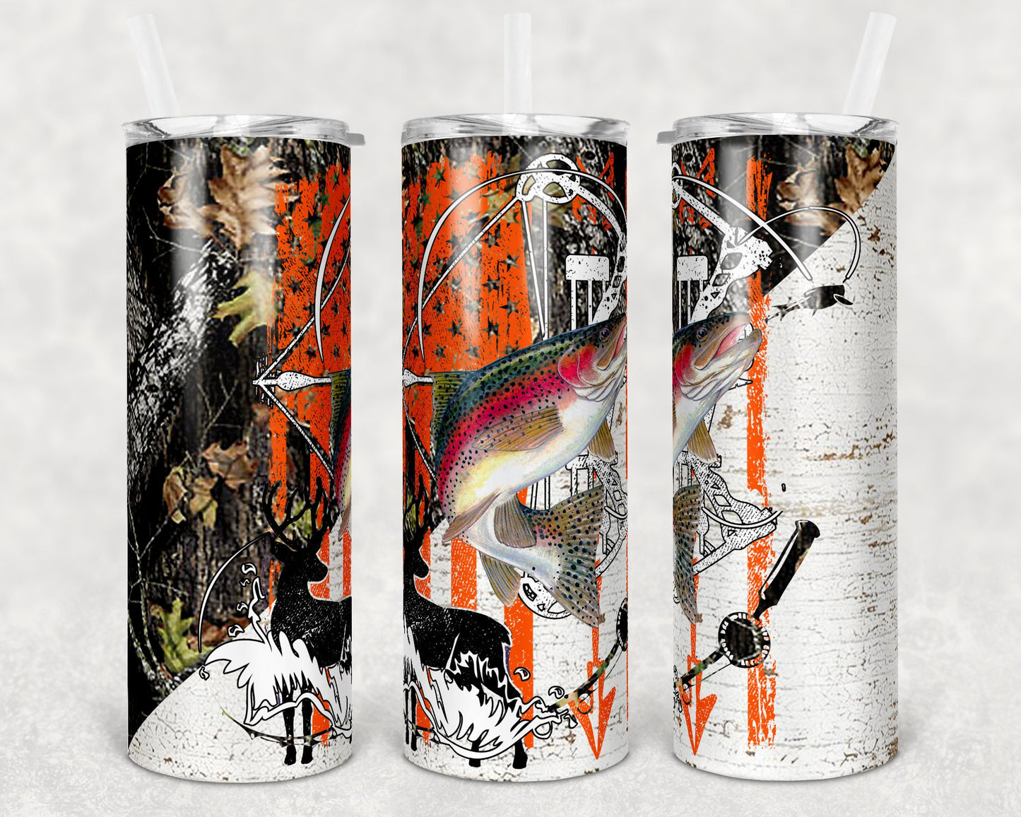 20 oz Skinny Tumbler Sublimation Design Template Trout Deer Bow Hunting Orange