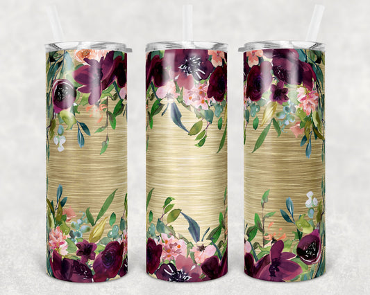 20 oz Skinny Tumbler Floral Brushed Gold and Maroon Sublimation Design Print Transfer