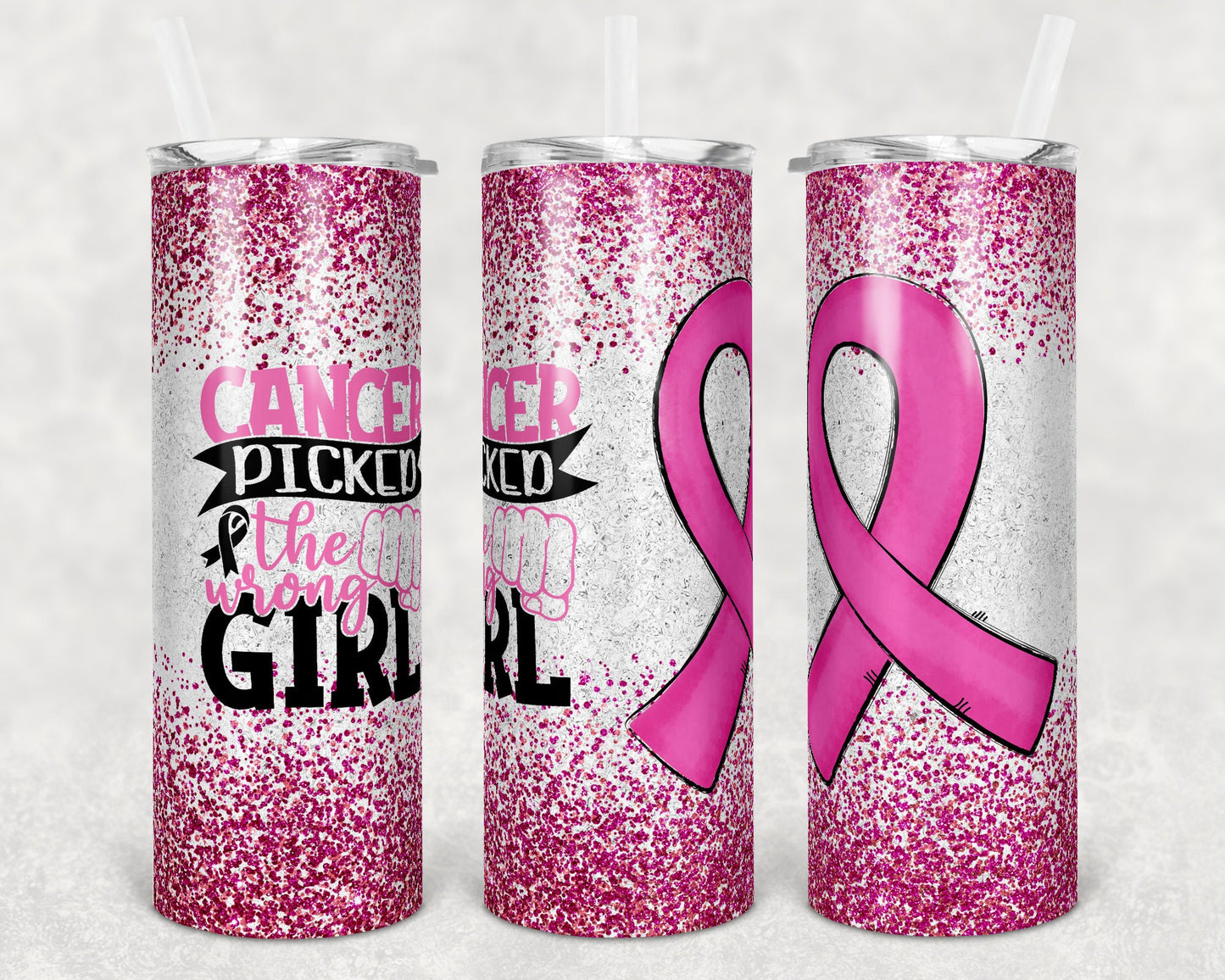 20 oz Skinny Tumbler Sublimation Glitter Pink Cancer Picked the Wrong Girl Awareness Straight and Warped Design tumblers