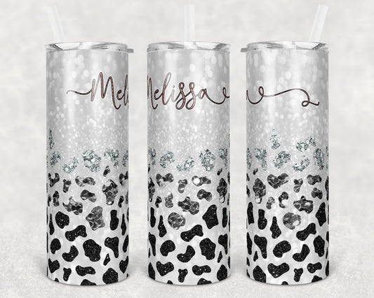 20 oz Skinny Tumbler Sublimation Glitter Cow Print Ombre Design