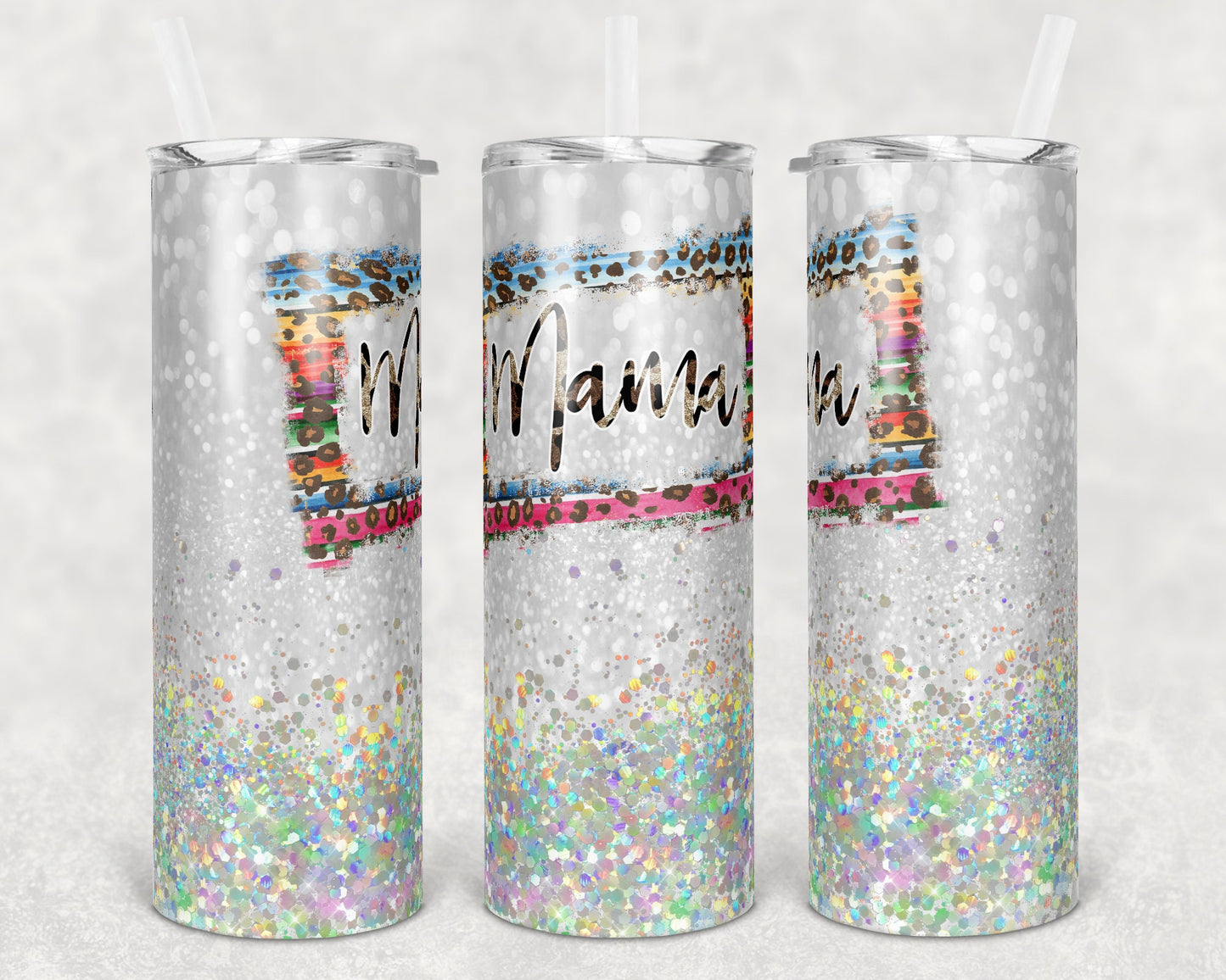 20 oz Skinny Tumbler Mama Leopard and Serape Glitter Sublimation Design Print Transfer