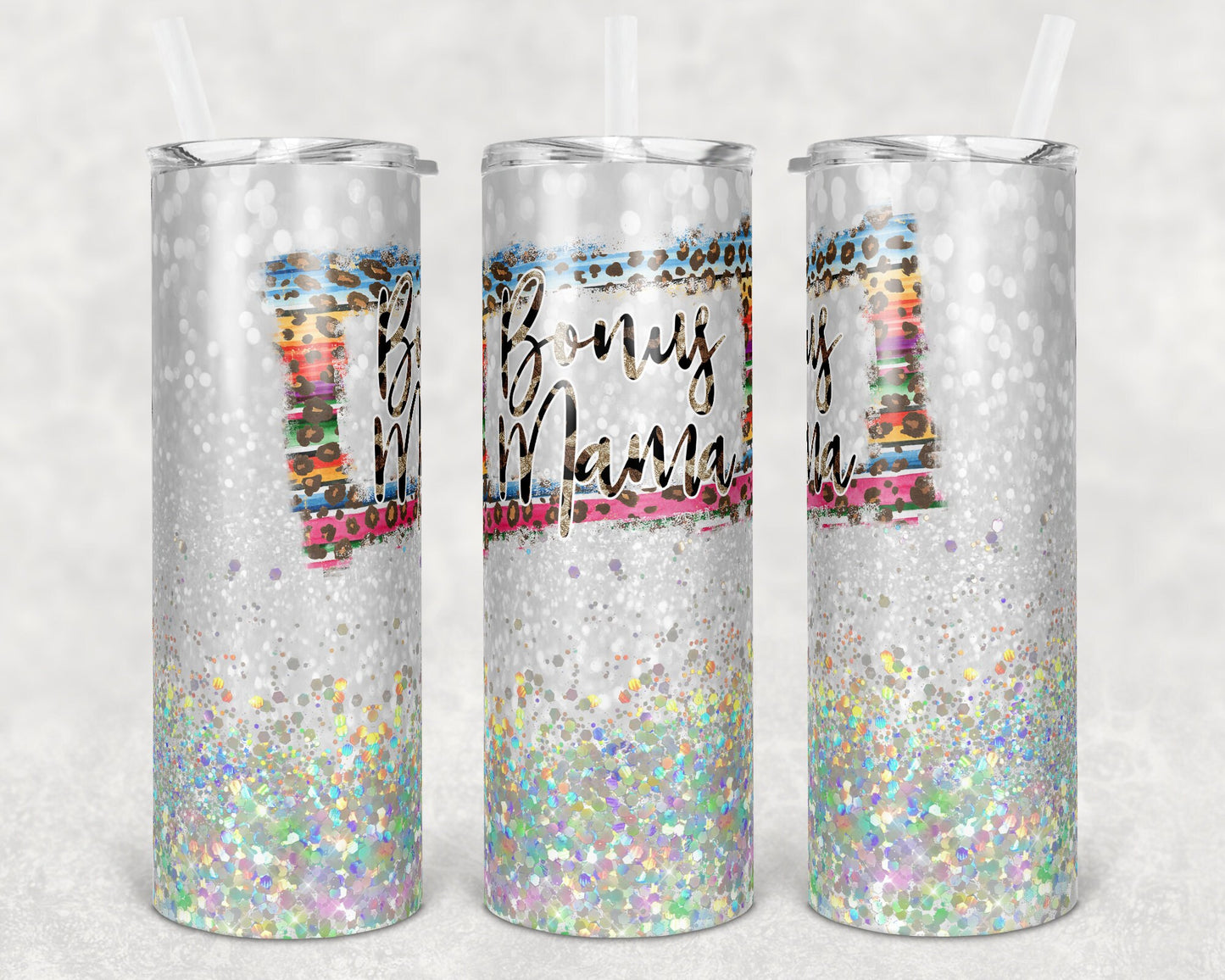 20 oz Skinny Tumbler Bonus Mama Leopard and Serape Glitter Sublimation Design Print Transfer